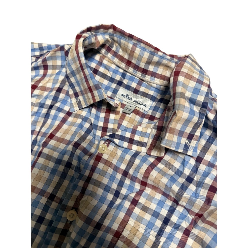 Peter Millar Mens Large Blue Burgundy Plaid Cotton Button Down Shirt Long Sleeve